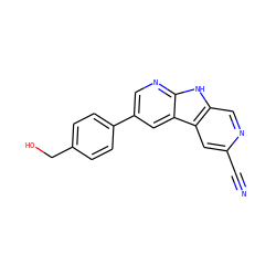 N#Cc1cc2c(cn1)[nH]c1ncc(-c3ccc(CO)cc3)cc12 ZINC000200109411