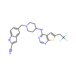 N#Cc1cc2cc(CN3CCC(Nc4ncnc5sc(CC(F)(F)F)cc45)CC3)ccc2[nH]1 ZINC000220641923