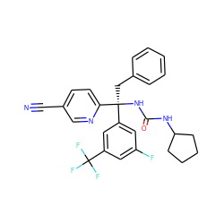 N#Cc1ccc([C@@](Cc2ccccc2)(NC(=O)NC2CCCC2)c2cc(F)cc(C(F)(F)F)c2)nc1 ZINC000095555765