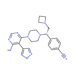 N#Cc1ccc([C@@H](CN2CCC2)N2CCN(c3ncnc(N)c3-c3cn[nH]c3)CC2)cc1 ZINC001772608673