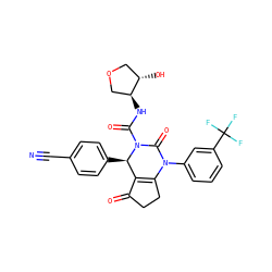 N#Cc1ccc([C@@H]2C3=C(CCC3=O)N(c3cccc(C(F)(F)F)c3)C(=O)N2C(=O)N[C@H]2COC[C@@H]2O)cc1 ZINC001772585374