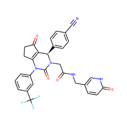 N#Cc1ccc([C@@H]2C3=C(CCC3=O)N(c3cccc(C(F)(F)F)c3)C(=O)N2CC(=O)NCc2ccc(=O)[nH]c2)cc1 ZINC001772583013