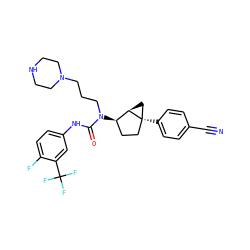 N#Cc1ccc([C@]23CC[C@@H](N(CCCN4CCNCC4)C(=O)Nc4ccc(F)c(C(F)(F)F)c4)[C@H]2C3)cc1 ZINC000028571611