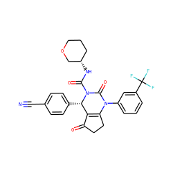 N#Cc1ccc([C@H]2C3=C(CCC3=O)N(c3cccc(C(F)(F)F)c3)C(=O)N2C(=O)N[C@H]2CCCOC2)cc1 ZINC001772589177