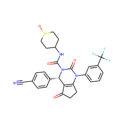 N#Cc1ccc([C@H]2C3=C(CCC3=O)N(c3cccc(C(F)(F)F)c3)C(=O)N2C(=O)NC2CC[S+]([O-])CC2)cc1 ZINC000224612483