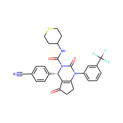 N#Cc1ccc([C@H]2C3=C(CCC3=O)N(c3cccc(C(F)(F)F)c3)C(=O)N2C(=O)NC2CCSCC2)cc1 ZINC000224595993
