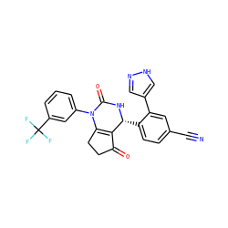 N#Cc1ccc([C@H]2NC(=O)N(c3cccc(C(F)(F)F)c3)C3=C2C(=O)CC3)c(-c2cn[nH]c2)c1 ZINC001772582813