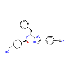 N#Cc1ccc(-c2c[nH]c([C@H](Cc3ccccc3)NC(=O)[C@H]3CC[C@H](CN)CC3)n2)cc1 ZINC000299837307