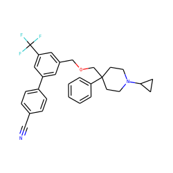 N#Cc1ccc(-c2cc(COCC3(c4ccccc4)CCN(C4CC4)CC3)cc(C(F)(F)F)c2)cc1 ZINC000201220552