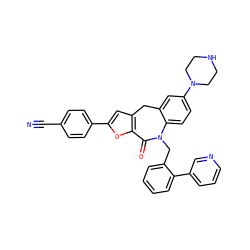 N#Cc1ccc(-c2cc3c(o2)C(=O)N(Cc2ccccc2-c2cccnc2)c2ccc(N4CCNCC4)cc2C3)cc1 ZINC000096270546
