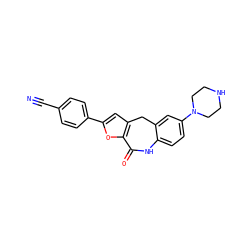 N#Cc1ccc(-c2cc3c(o2)C(=O)Nc2ccc(N4CCNCC4)cc2C3)cc1 ZINC000082158226