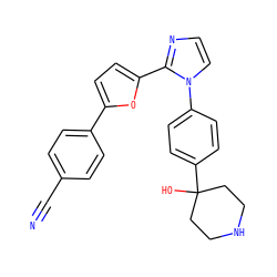 N#Cc1ccc(-c2ccc(-c3nccn3-c3ccc(C4(O)CCNCC4)cc3)o2)cc1 ZINC000299824011