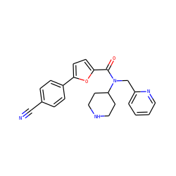 N#Cc1ccc(-c2ccc(C(=O)N(Cc3ccccn3)C3CCNCC3)o2)cc1 ZINC000073219538