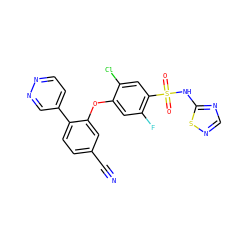 N#Cc1ccc(-c2ccnnc2)c(Oc2cc(F)c(S(=O)(=O)Nc3ncns3)cc2Cl)c1 ZINC000095582928