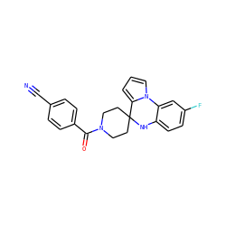 N#Cc1ccc(C(=O)N2CCC3(CC2)Nc2ccc(F)cc2-n2cccc23)cc1 ZINC000205509451