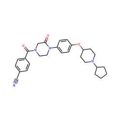 N#Cc1ccc(C(=O)N2CCN(c3ccc(OC4CCN(C5CCCC5)CC4)cc3)C(=O)C2)cc1 ZINC000028870392