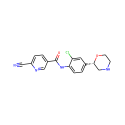 N#Cc1ccc(C(=O)Nc2ccc([C@H]3CNCCO3)cc2Cl)cn1 ZINC000149943955