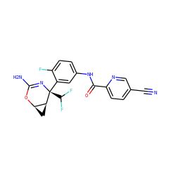 N#Cc1ccc(C(=O)Nc2ccc(F)c([C@@]3(C(F)F)N=C(N)O[C@@H]4C[C@@H]43)c2)nc1 ZINC000226076581