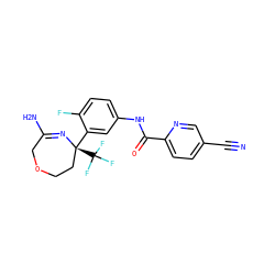 N#Cc1ccc(C(=O)Nc2ccc(F)c([C@]3(C(F)(F)F)CCOCC(N)=N3)c2)nc1 ZINC000113658277