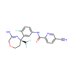 N#Cc1ccc(C(=O)Nc2ccc(F)c([C@]3(C(F)F)CCOCC(N)=N3)c2)nc1 ZINC000168215971