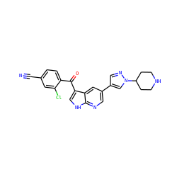 N#Cc1ccc(C(=O)c2c[nH]c3ncc(-c4cnn(C5CCNCC5)c4)cc23)c(Cl)c1 ZINC000473092119