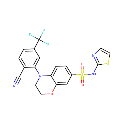 N#Cc1ccc(C(F)(F)F)cc1N1CCOc2cc(S(=O)(=O)Nc3nccs3)ccc21 ZINC000220242019