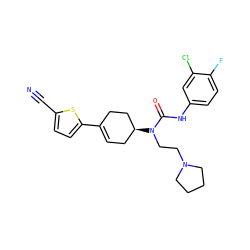 N#Cc1ccc(C2=CC[C@H](N(CCN3CCCC3)C(=O)Nc3ccc(F)c(Cl)c3)CC2)s1 ZINC000028650267
