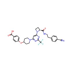 N#Cc1ccc(CCNC(=O)[C@@H]2CCN2c2cc(N3CCC(Oc4ccc(C(=O)O)cc4)CC3)nc(C(F)(F)F)n2)cc1 ZINC000169311903