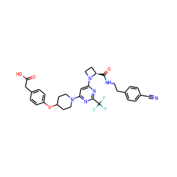 N#Cc1ccc(CCNC(=O)[C@@H]2CCN2c2cc(N3CCC(Oc4ccc(CC(=O)O)cc4)CC3)nc(C(F)(F)F)n2)cc1 ZINC000169310258