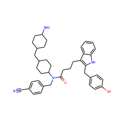 N#Cc1ccc(CN(C(=O)CCCc2c(Cc3ccc(O)cc3)[nH]c3ccccc23)C2CCC(CC3CCC(N)CC3)CC2)cc1 ZINC000028826072