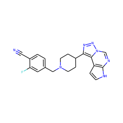 N#Cc1ccc(CN2CCC(c3nnn4cnc5[nH]ccc5c34)CC2)cc1F ZINC001772602190