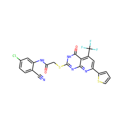 N#Cc1ccc(Cl)cc1NC(=O)CSc1nc2nc(-c3cccs3)cc(C(F)(F)F)c2c(=O)[nH]1 ZINC000017527707