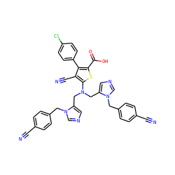 N#Cc1ccc(Cn2cncc2CN(Cc2cncn2Cc2ccc(C#N)cc2)c2sc(C(=O)O)c(-c3ccc(Cl)cc3)c2C#N)cc1 ZINC000653805780