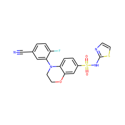 N#Cc1ccc(F)c(N2CCOc3cc(S(=O)(=O)Nc4nccs4)ccc32)c1 ZINC000220251175