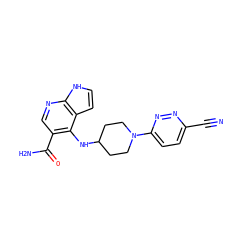 N#Cc1ccc(N2CCC(Nc3c(C(N)=O)cnc4[nH]ccc34)CC2)nn1 ZINC000201404708