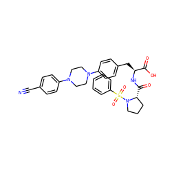 N#Cc1ccc(N2CCN(c3ccc(C[C@H](NC(=O)[C@@H]4CCCN4S(=O)(=O)c4ccccc4)C(=O)O)cc3)CC2)cc1 ZINC000028978690