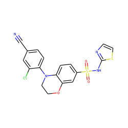 N#Cc1ccc(N2CCOc3cc(S(=O)(=O)Nc4nccs4)ccc32)c(Cl)c1 ZINC000220244072