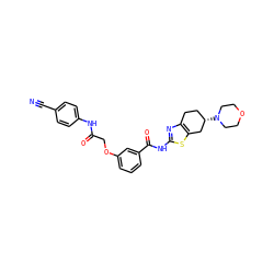 N#Cc1ccc(NC(=O)COc2cccc(C(=O)Nc3nc4c(s3)C[C@@H](N3CCOCC3)CC4)c2)cc1 ZINC000141655439