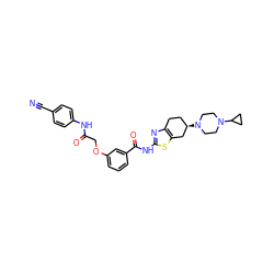 N#Cc1ccc(NC(=O)COc2cccc(C(=O)Nc3nc4c(s3)C[C@H](N3CCN(C5CC5)CC3)CC4)c2)cc1 ZINC000141662397