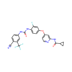 N#Cc1ccc(NC(=O)Nc2ccc(Oc3ccnc(NC(=O)C4CC4)c3)cc2F)cc1C(F)(F)F ZINC001772612782