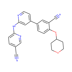 N#Cc1ccc(Nc2cc(-c3ccc(OC4CCOCC4)c(C#N)c3)ccn2)nc1 ZINC000146571560