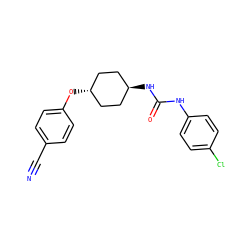 N#Cc1ccc(O[C@H]2CC[C@H](NC(=O)Nc3ccc(Cl)cc3)CC2)cc1 ZINC000261077775