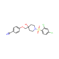 N#Cc1ccc(OCC2(O)CCN(S(=O)(=O)c3ccc(Cl)cc3Cl)CC2)cc1 ZINC000169329151