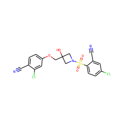N#Cc1ccc(OCC2(O)CN(S(=O)(=O)c3ccc(Cl)cc3C#N)C2)cc1Cl ZINC000169329160