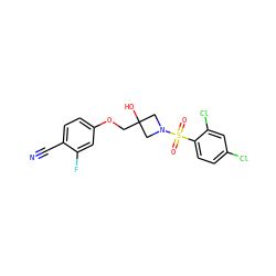 N#Cc1ccc(OCC2(O)CN(S(=O)(=O)c3ccc(Cl)cc3Cl)C2)cc1F ZINC000169330771