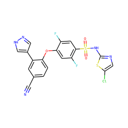 N#Cc1ccc(Oc2cc(F)c(S(=O)(=O)Nc3ncc(Cl)s3)cc2F)c(-c2cn[nH]c2)c1 ZINC000095582259