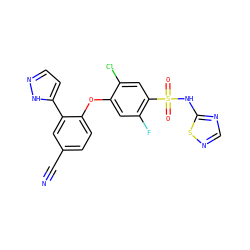 N#Cc1ccc(Oc2cc(F)c(S(=O)(=O)Nc3ncns3)cc2Cl)c(-c2ccn[nH]2)c1 ZINC000095585632