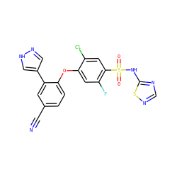 N#Cc1ccc(Oc2cc(F)c(S(=O)(=O)Nc3ncns3)cc2Cl)c(-c2cn[nH]c2)c1 ZINC000095584664