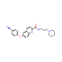 N#Cc1ccc(Oc2ccc3nc(C(=O)NCCCN4CCCCC4)ccc3c2)cc1 ZINC000584630200