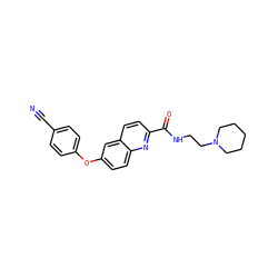 N#Cc1ccc(Oc2ccc3nc(C(=O)NCCN4CCCCC4)ccc3c2)cc1 ZINC000584629725